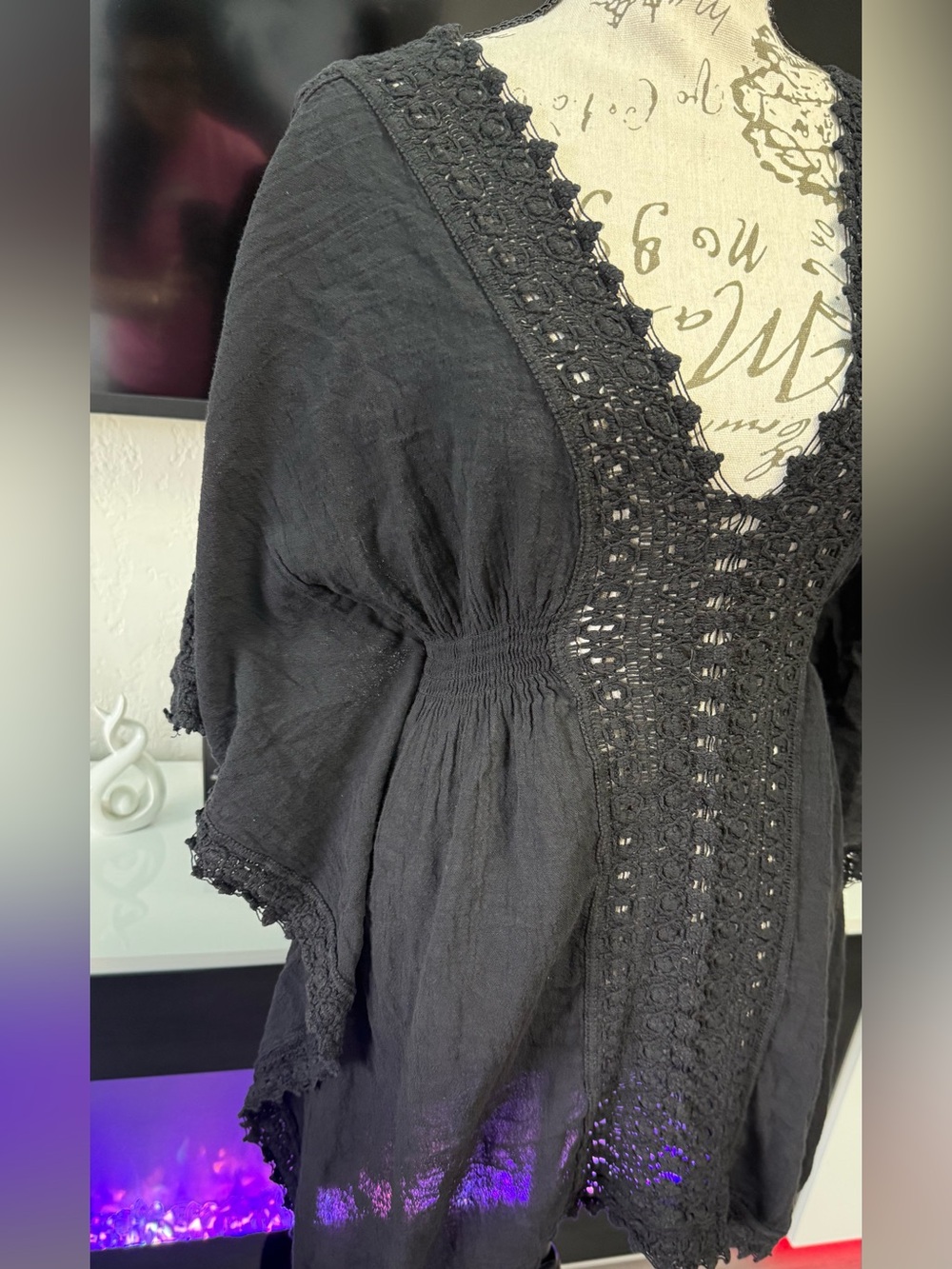 BLANCO 100% Cotton Boho Black Kimono Sleeve Tunic Dress Lace Accent Small - Picture 10 of 16